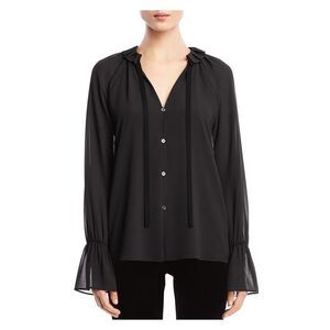 BAILEY44 Womens Black Tie Neck Ruffles Button Fron Blouson Sleeve Party Blouse L